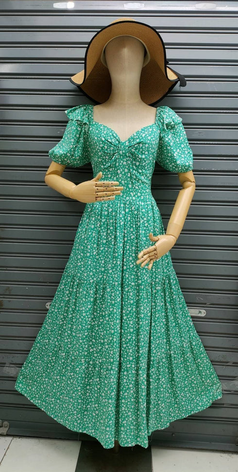 Summer Floral Print Lantern Sleeves Long Layer Dresses